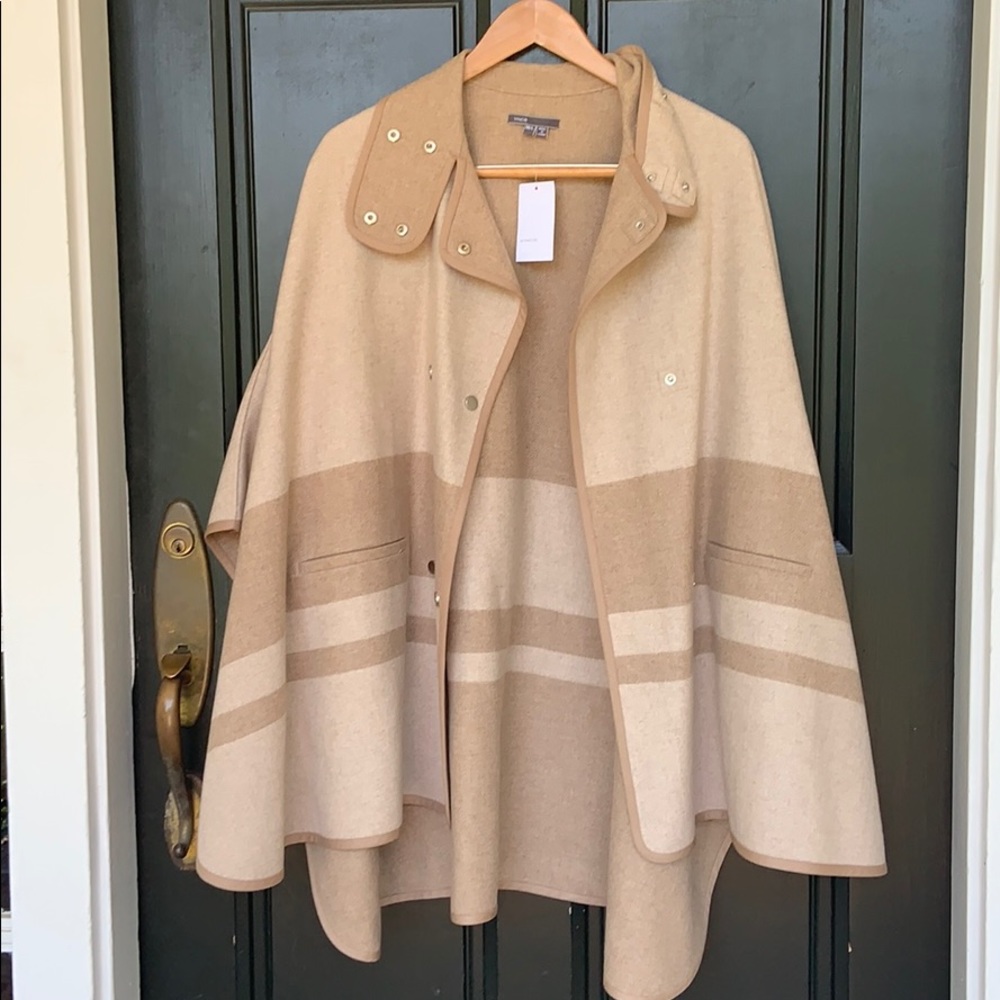 Vince Tan Blanket Strip Poncho Cape M/L